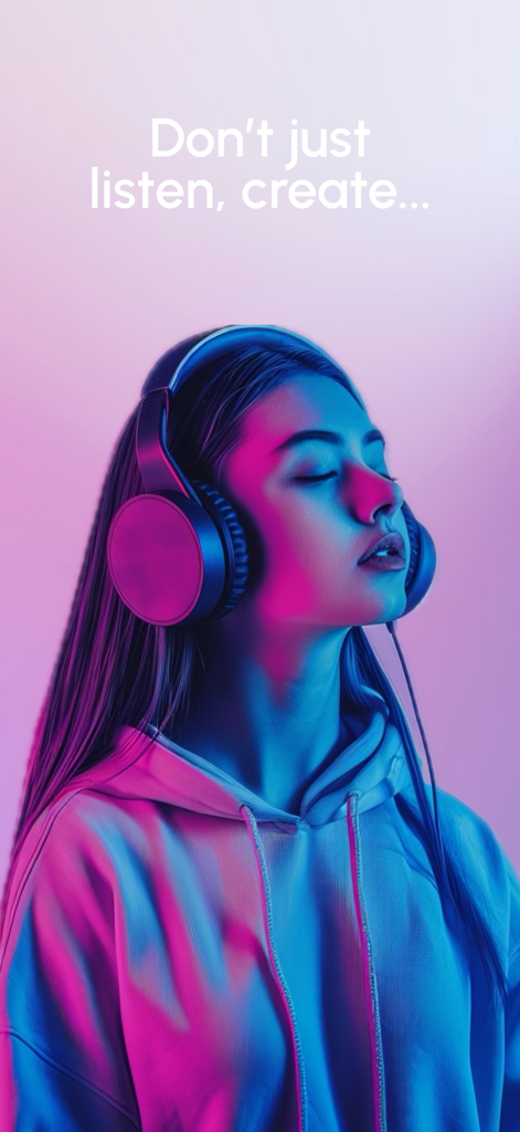 Wondera - AI for Music - Young woman with headphones in neon lighting for Wondera AI music creation app