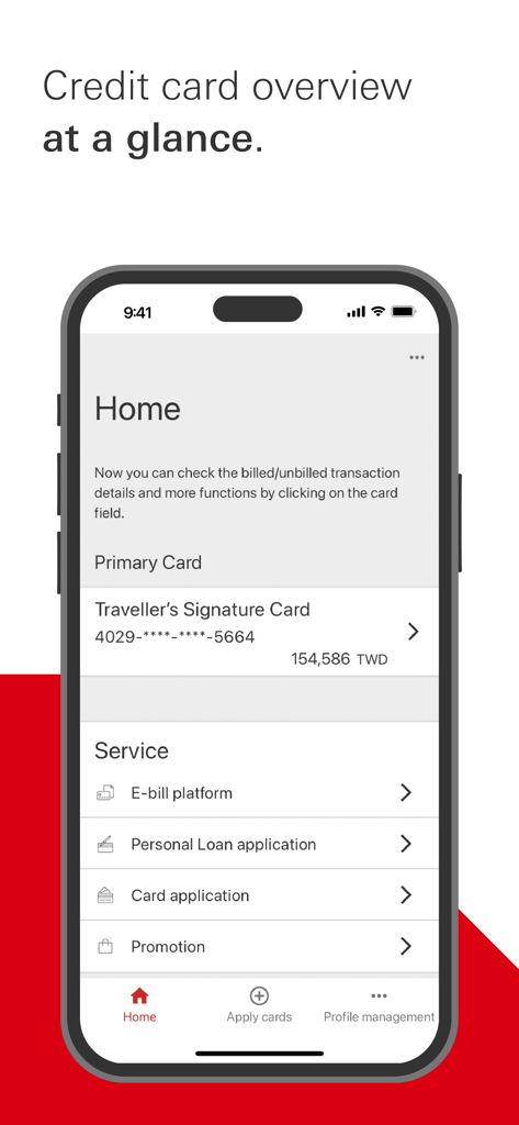 HSBC(TW) Credit Card - Pantalla de inicio de la aplicación de la tarjeta de crédito HSBC Taiwán que muestra un resumen de la tarjeta y opciones de servicio.