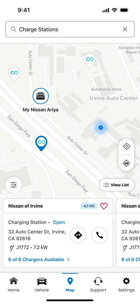 MyNISSAN® - MyNISSAN app map showing EV charging stations and vehicle location