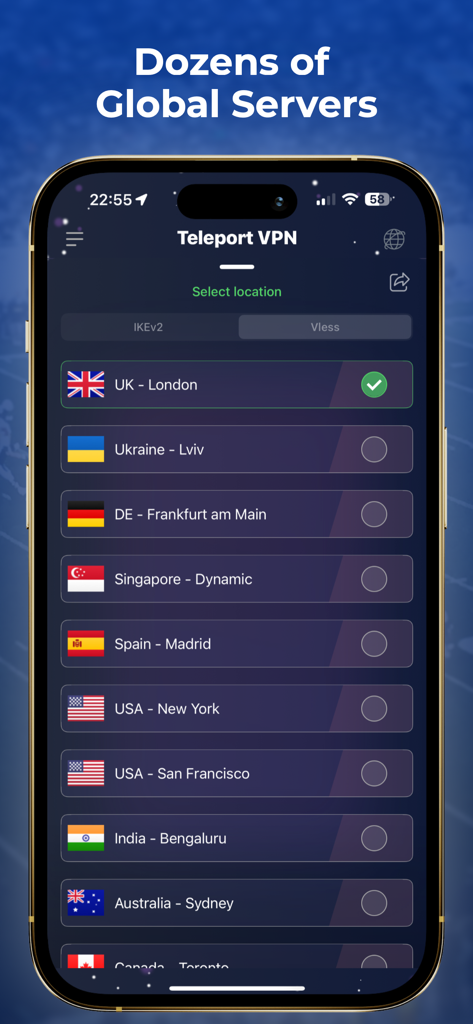 Teleport VPN - Super Unlimited - Smartphone screen displaying a list of international server locations available in the Teleport VPN app