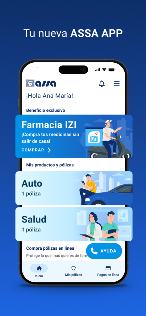 ASSA Compañia de Seguros - ASSA insurance app home screen showing auto and health policy information.