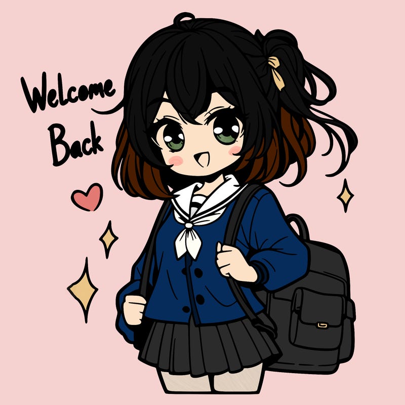 cute manga girl going to school and saying welcome back