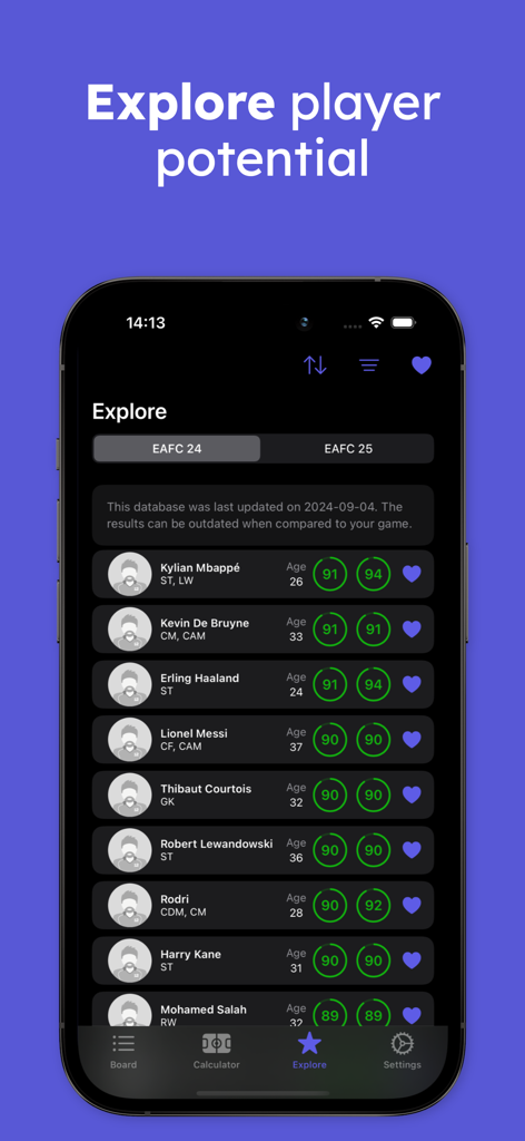 Screenshot of the Career Mode Tracker app showing football player ratings and potential growth