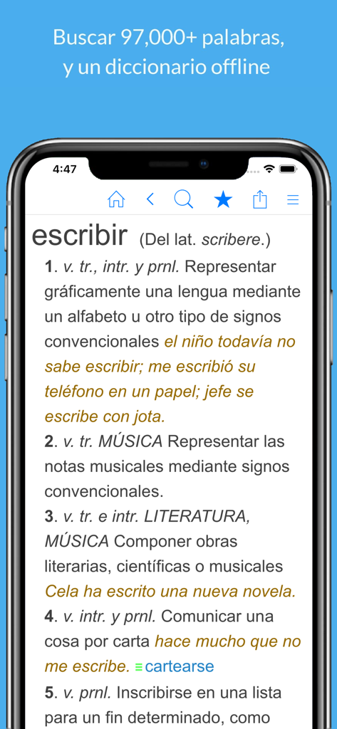 Diccionario español. - Definición detallada de la palabra escribir en la aplicación Diccionario español de Farlex