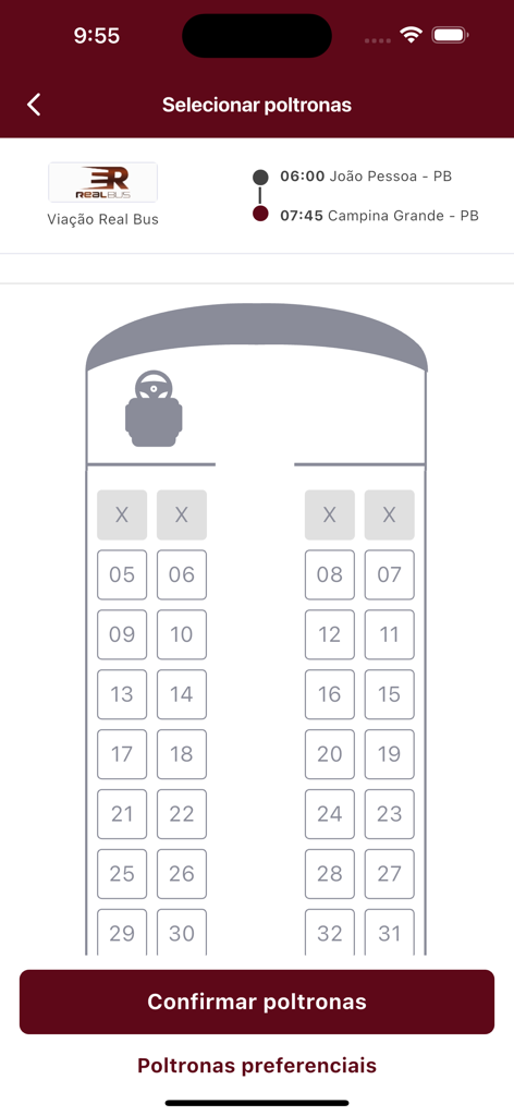Mobile app screen showing a bus seat map for selecting and booking seats with Real Bus