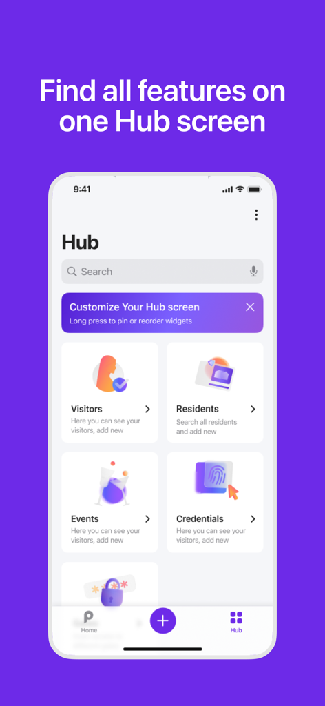 Proptia 2.1 - Proptia 2.1 app hub screen displaying visitor management, residents directory, events, and credentials options