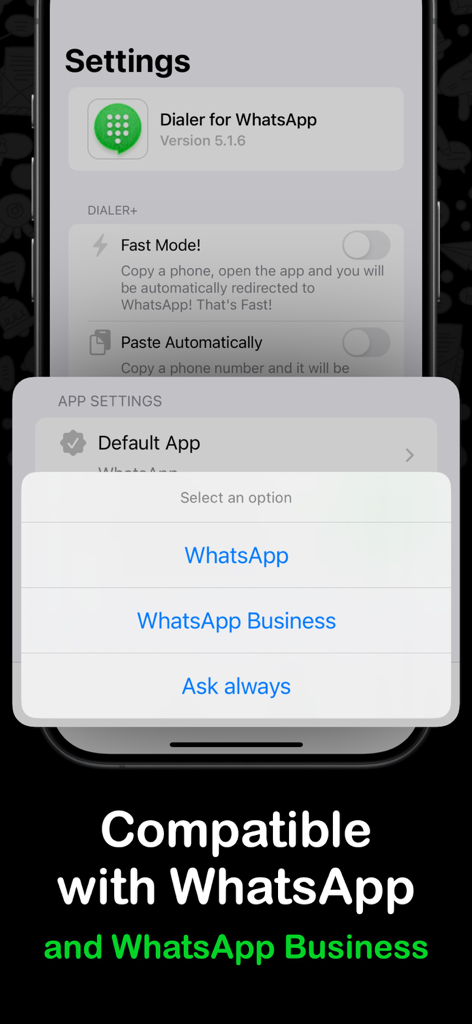 Dialer for WhatsApp - Click - Settings screen of Dialer for WhatsApp showing the option to select between WhatsApp and WhatsApp Business as the default messaging app