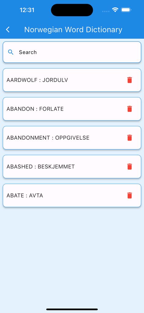 Norwegian Word Dictionary - Interface of the Norwegian Word Dictionary app showing a search bar and a list of English to Norwegian word translations.