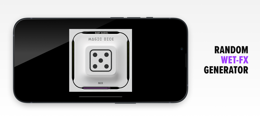 Magic Dice - Baby Audio - Interfaccia dell'app Magic Dice su uno schermo di smartphone che mostra l'icona dei dadi e il testo del generatore di wet-fx casuali