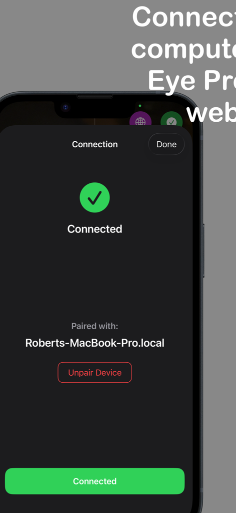 EP Recorder - Smartphone screen showing the EP Recorder app successfully connected to a MacBook Pro