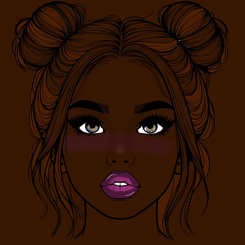 realistic girl with two buns on her hair and lips