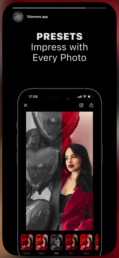 7Element: Fonts, Stickers, Sub - Smartphone screen showing the 7Element app photo presets feature with a before and after glam filter on a portrait