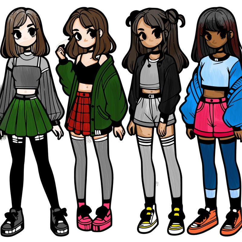 one girl with crop-top shirt and a jacket with a skirt, long socks and another girl with a shirt and pants with a jacket