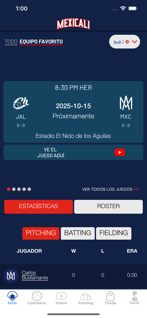 LAMP mx - Interface of the LAMP mx app showing an upcoming baseball game between JAL and MXC with player statistics