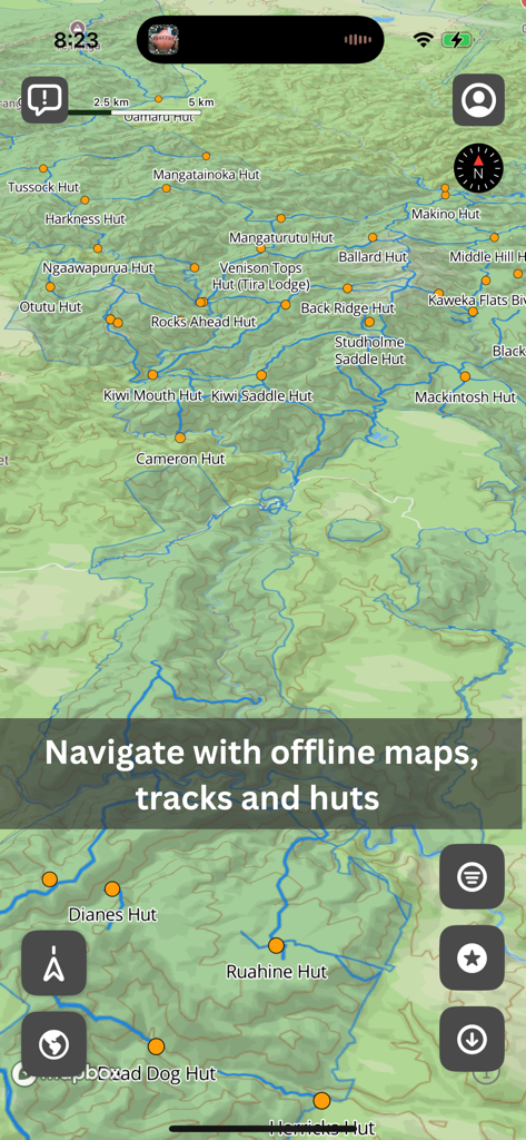 A topographical map interface in the WildVision app displaying hunting tracks and hut locations for offline navigation.