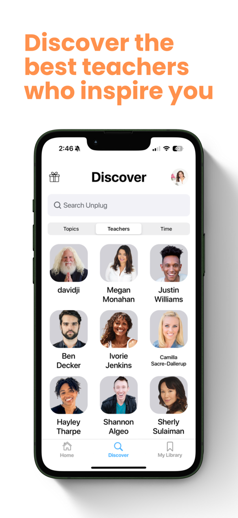 Unplug: Meditation - Unplug Meditation app Discover screen showing a grid of expert teachers