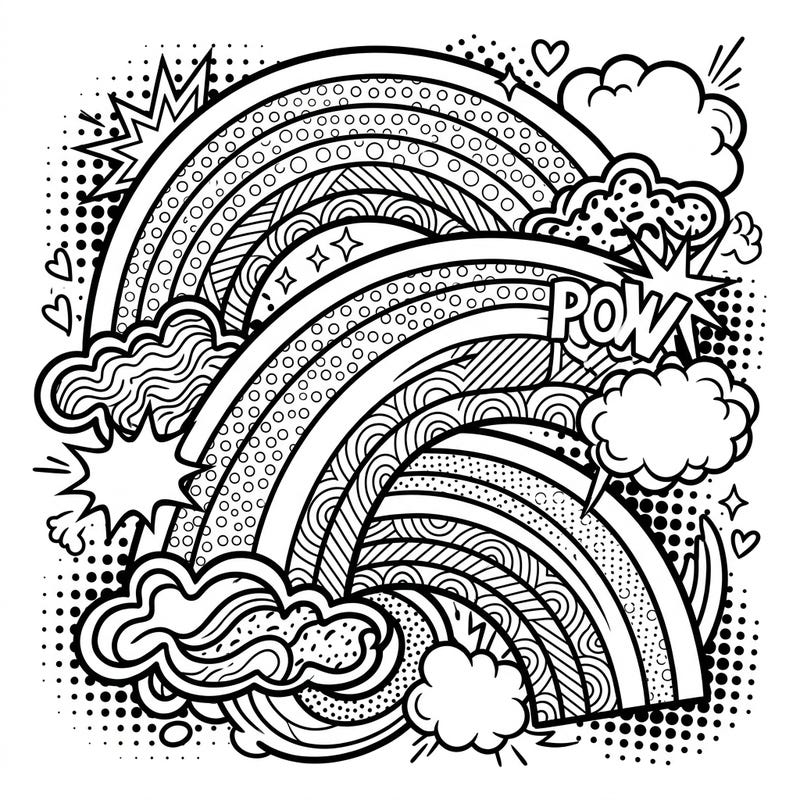 Dive into a world where ethereal rainbows meet vibrant Pop Art in this exciting coloring page. Featuring bold outlines and comic book flair, it's perfect for a dynamic and creative coloring session.