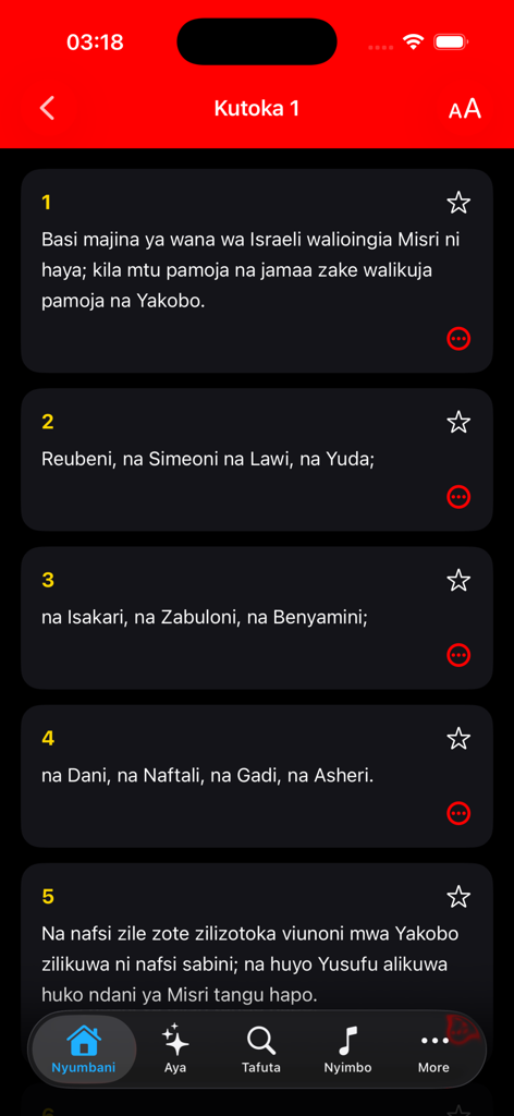 Biblia Takatifu- Swahili Bible - Swahili Bible app interface showing Bible verses from Kutoka 1 in dark mode.