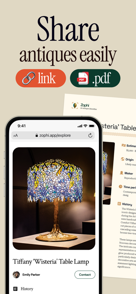 Smartphone screen showing how to share antique identification results and appraisals as links or PDF documents