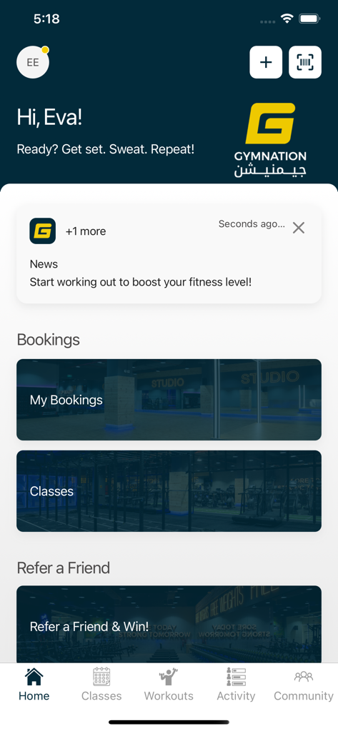 GymNation fitness app home screen with class booking options and personalized user dashboard