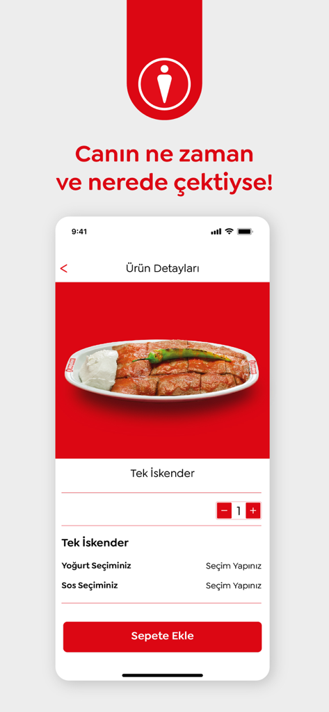 Page de détail du produit de l'application Baydoner Cossla présentant un repas de kebab Iskender avec des options de personnalisation et un bouton d'ajout au panier.