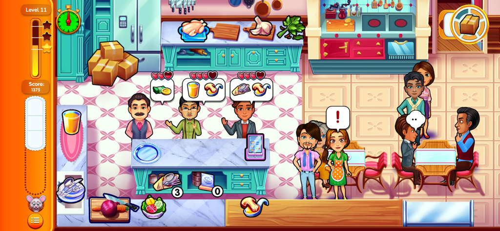 Delicious: Mansion Mystery - Captura de pantalla del juego de Delicious Mansion Mystery que muestra a Emily sirviendo a clientes en una cocina.