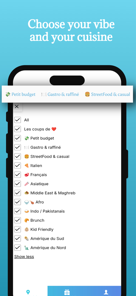Pantalla de la aplicación Yalla Yum mostrando un menú de selección para diferentes ambientes de restaurantes halal y cocinas globales.