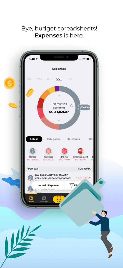 Interfaz de la aplicación móvil Maybank2u SG que muestra un rastreador de gastos mensual con un gráfico circular y categorías de gasto