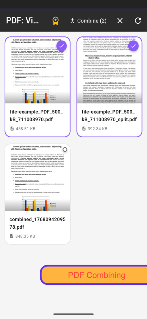 PDF: Viewer - Editor - PDF結合機能を使用して複数のPDFドキュメントを結合するために選択するモバイルアプリ画面