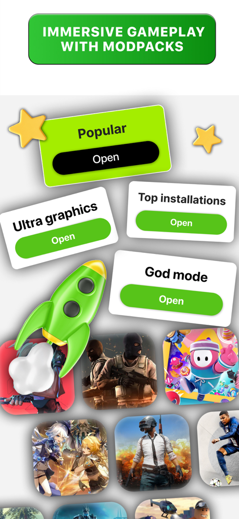 Happi Mod - Working Mods - Interfaz de la aplicación Happi Mod que muestra paquetes de modificación de juego que incluyen modo dios y opciones de gráficos ultra para juegos móviles populares.