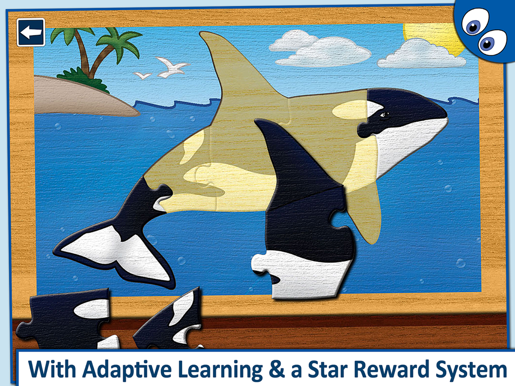 Gameplay screenshot of an orca whale jigsaw puzzle from the Kids' Jigsaw Puzzles Lite app for iPad.
