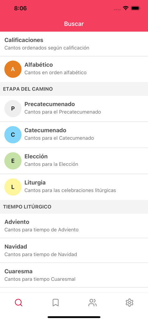 Interface de l'application iResucito montrant les catégories de chants par temps liturgique et les étapes du Chemin Néocatéchuménal.