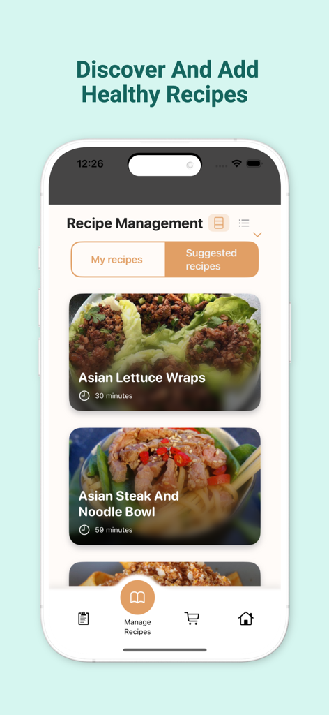 Meal Planner Family - Interface de gestion des recettes de l'application Meal Planner Family montrant des suggestions de repas sains comme des wraps de laitue et des nouilles au bœuf.