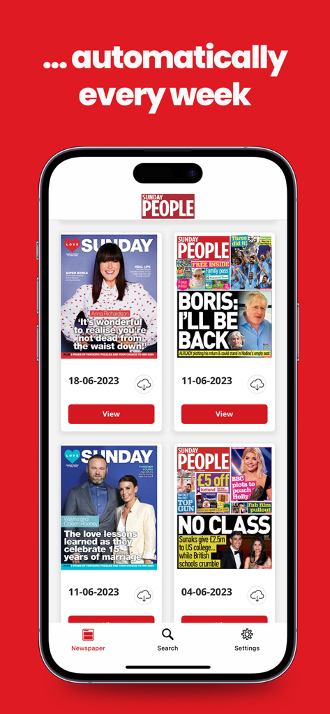 Une interface mobile de l'application Sunday People montrant plusieurs éditions de journaux numériques disponibles pour téléchargement hebdomadaire automatique.