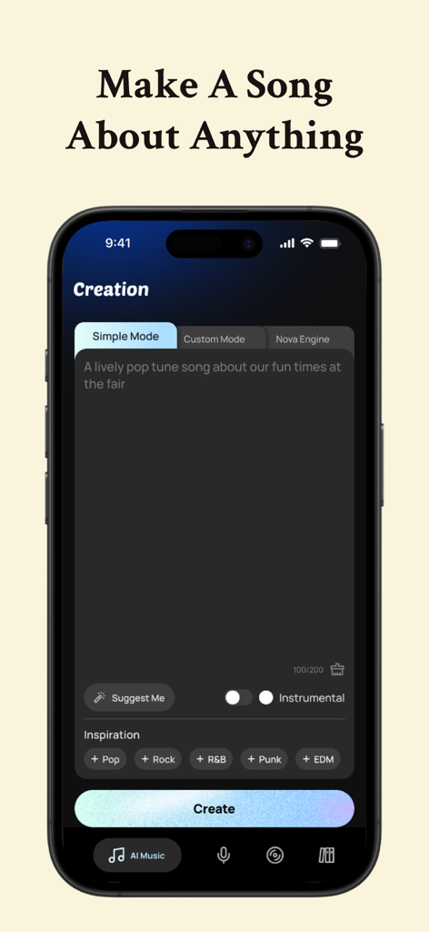 MusicLab: AI Song &Cover Maker - MusicLab app interface for creating an AI song from a text prompt
