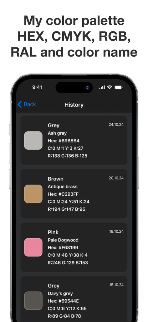 Color Identifier 앱의 기록 화면에 HEX RGB 및 CMYK 값이 있는 저장된 색상 팔레트가 표시됩니다.