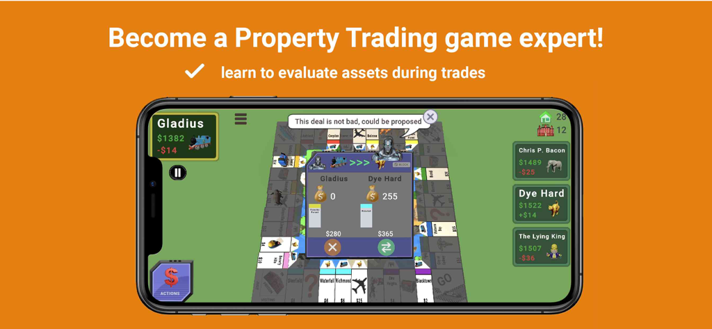 Quadropoly - Monopolist Tycoon - Quadropoly mobile game screen showing AI suggesting a property trade deal