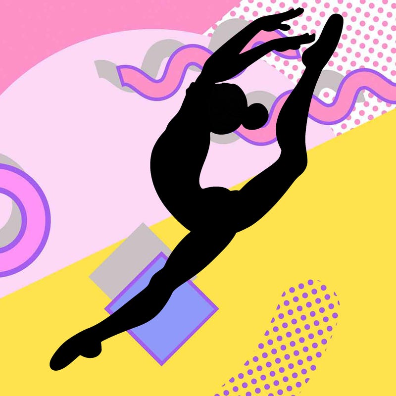 gymnast doing a leap in a leotard with a bent back leg