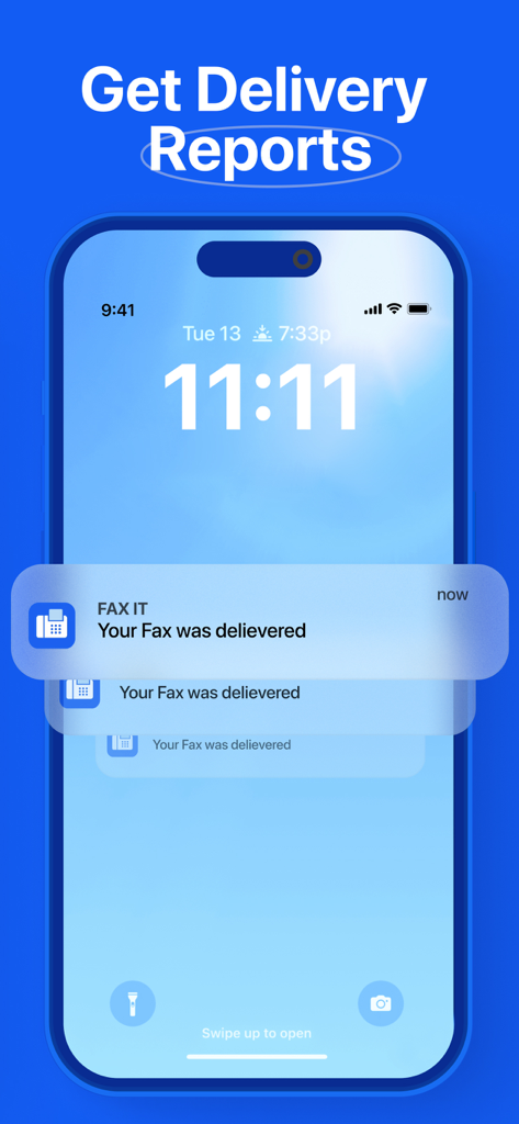 Pantalla de bloqueo del iPhone que muestra notificaciones push de confirmación de entrega de fax desde la aplicación Fax It