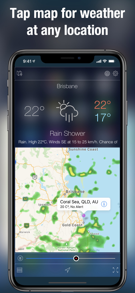 Doppler Radar Map Live Pro - Screenshot of Doppler Radar Map Live Pro app showing an interactive radar map with rain data and a weather forecast for Brisbane.