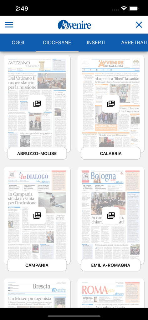 Avvenire - Interfaz de la aplicación Avvenire mostrando varias ediciones de periódicos regionales y diocesanos de Italia.