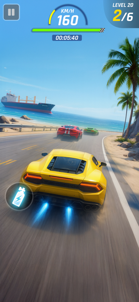 Car Racing 3D: Race Master - Super carro amarelo usando nitro boost em uma estrada costeira ensolarada em Car Racing 3D Race Master