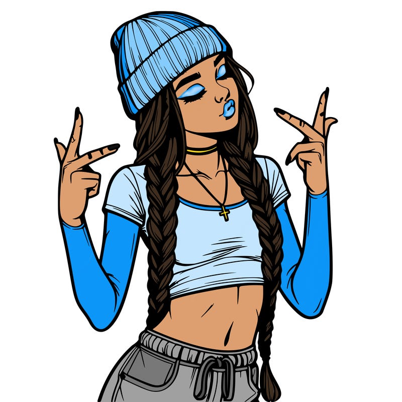 realistic teenage girl with braids and a beanie and crop top doing 🫶🏼