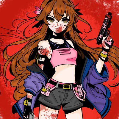 bad girl wearing crop top holding a gun long hair anime