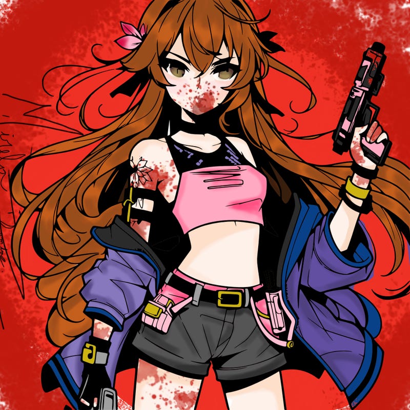 bad girl wearing crop top holding a gun long hair anime