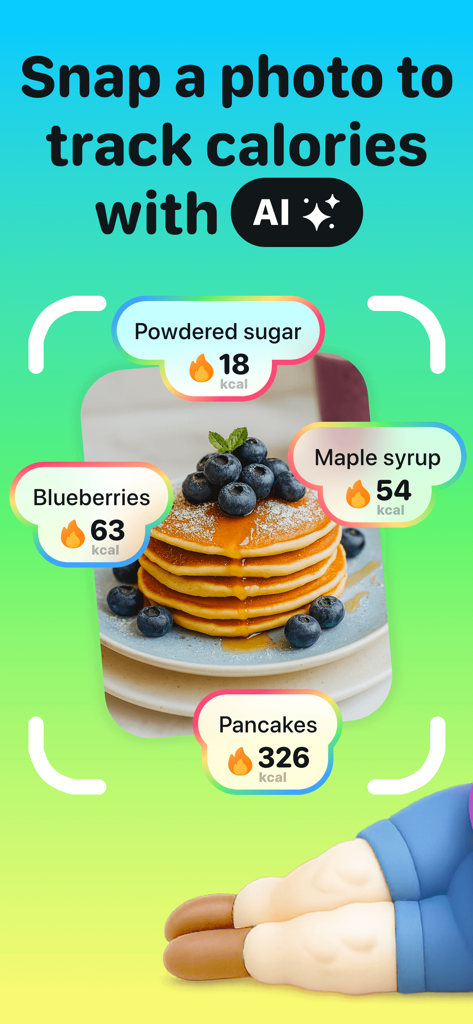 Foodllama AI calorie tracker - Foodllama app interface showing AI powered calorie tracking by snapping a photo of pancakes with blueberries and syrup