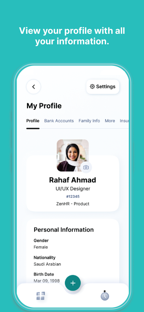 ZenHR - ZenHR app employee profile screen showing personal details and professional information