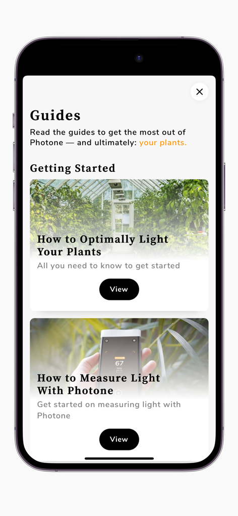 Photone - Grow Light Meter - Guides screen in the Photone app showing tutorials for plant lighting and light measurement