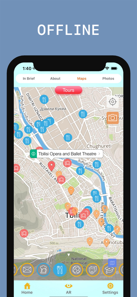 Offline-Karte der Tiflis Reiseführer App mit Sehenswürdigkeiten und Wahrzeichen