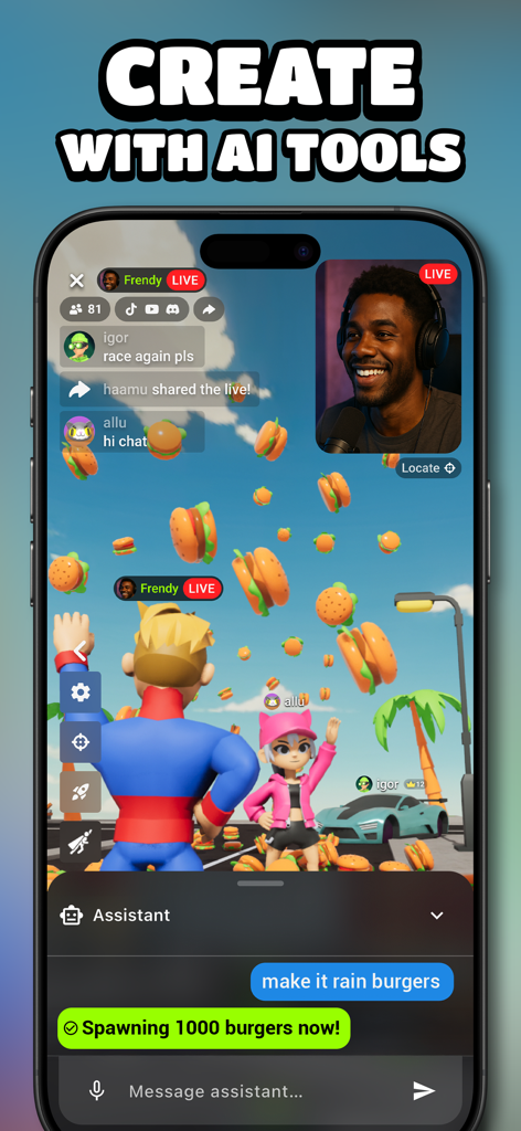 HypeHype: Play LIVE Games - HypeHype mobile app interface showing a user using an AI assistant to spawn burgers into a live game world.